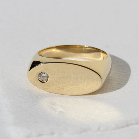 Diamond Horizontal Oval Signet Ring Solid 14K